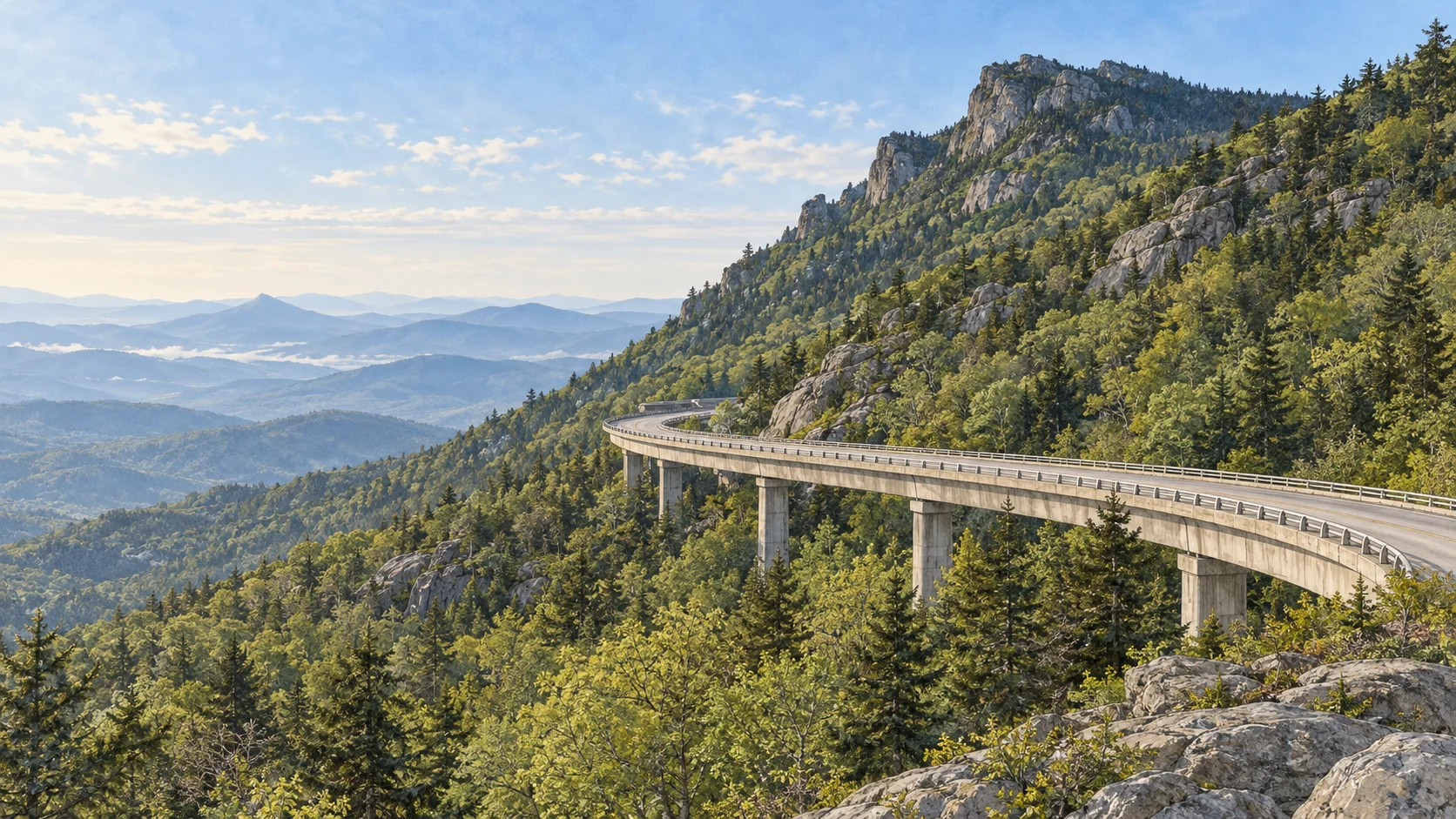 Editorial illustration of Linn Cove Viaduct curving around the forested slope of Grandfather Mountain above layered Blue Ridge ridges in North Carolina