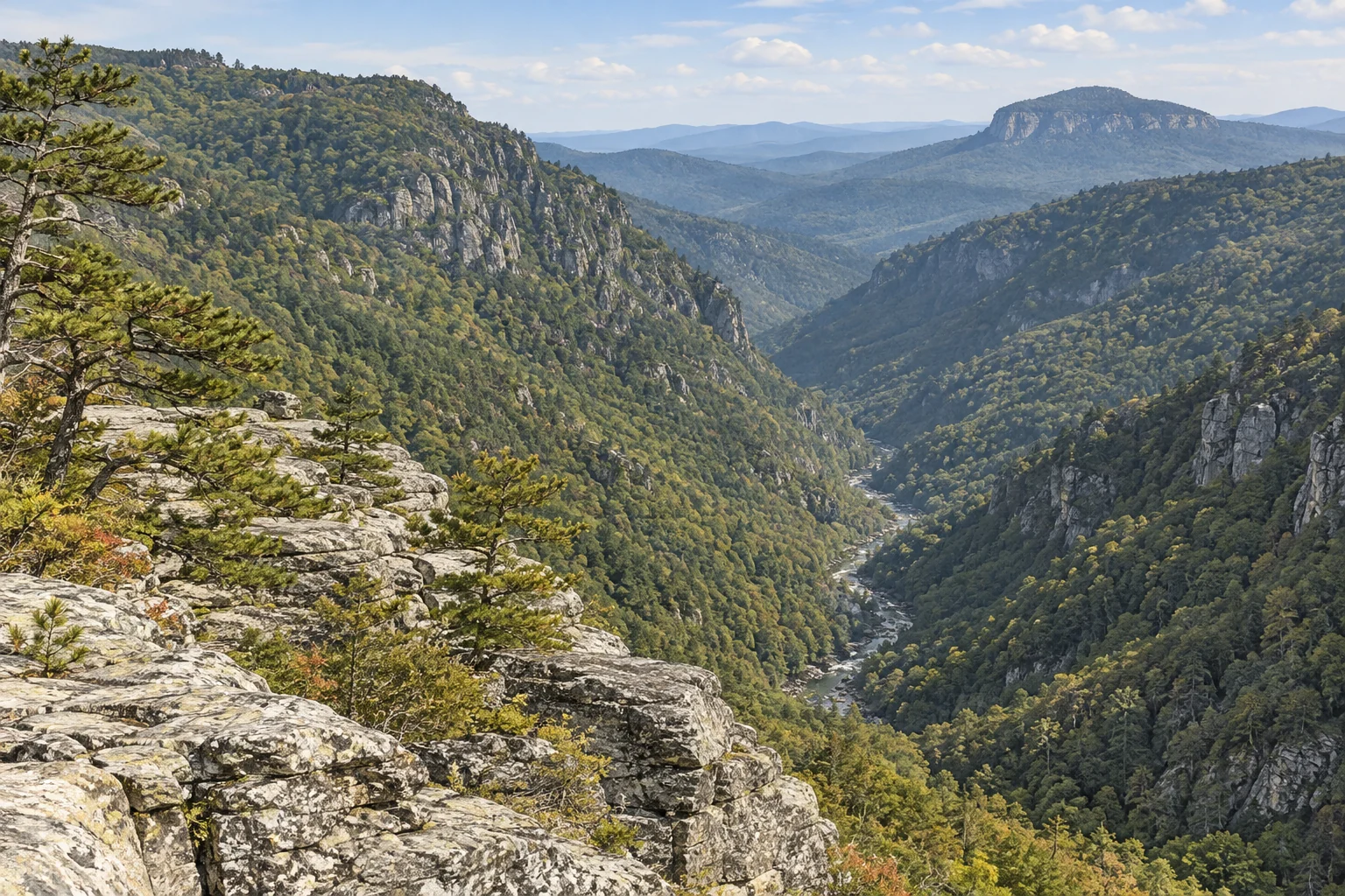 Editorial illustration looking along Linville Gorge Wilderness toward Table Rock above the Linville River in western North Carolina