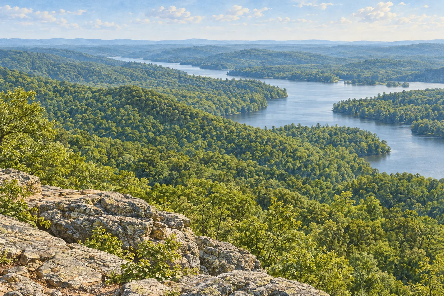 Editorial rendering from Morrow Mountain State Park over forested Uwharrie ridges and Lake Tillery