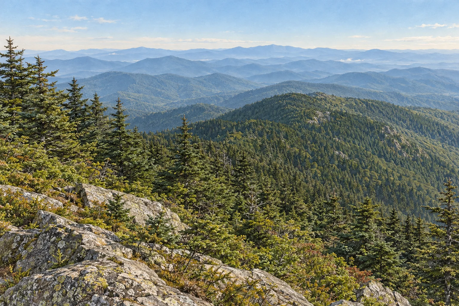 Editorial rendering from Mount Mitchell State Park across Fraser fir forest and layered Southern Appalachian ridges