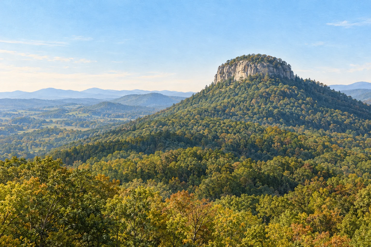 Editorial rendering of Pilot Mountain's Big Pinnacle above forested Yadkin Valley foothills in North Carolina