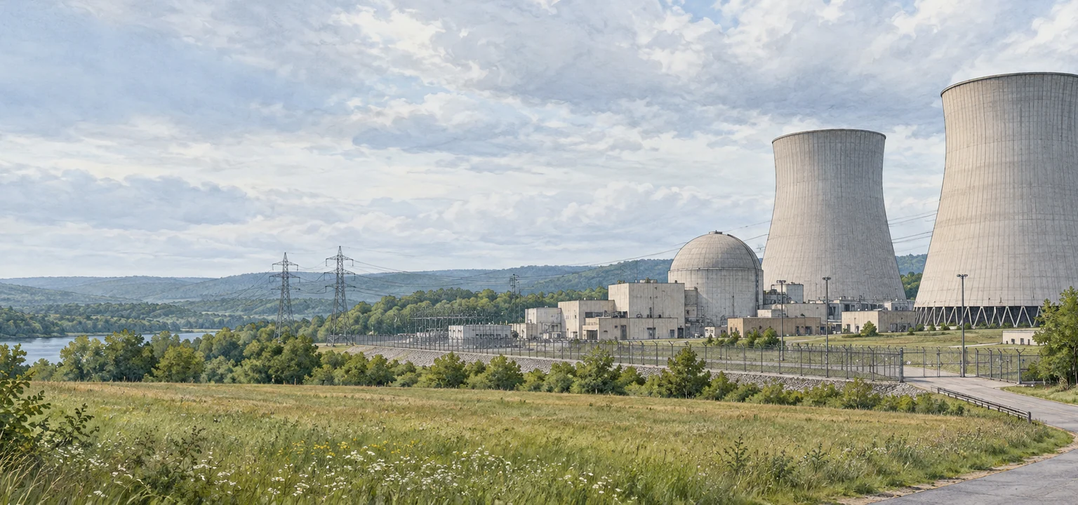 Nuclear power plant with cooling towers and a containment dome in a rural landscape