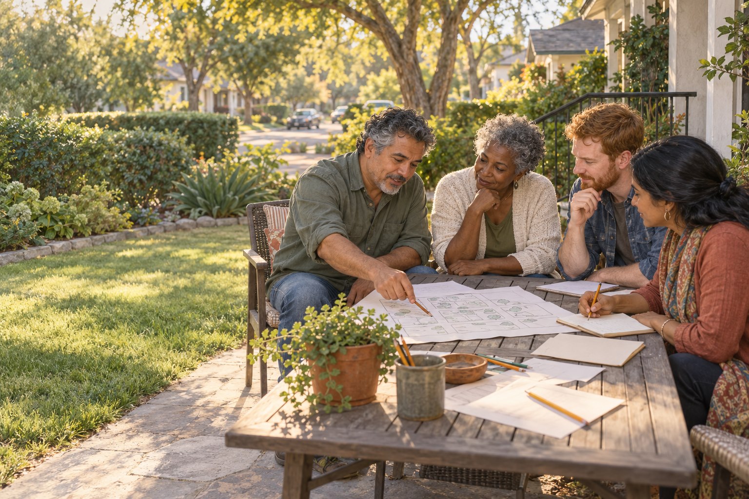 Neighbors gathered around a table to sketch a simple block plan together.