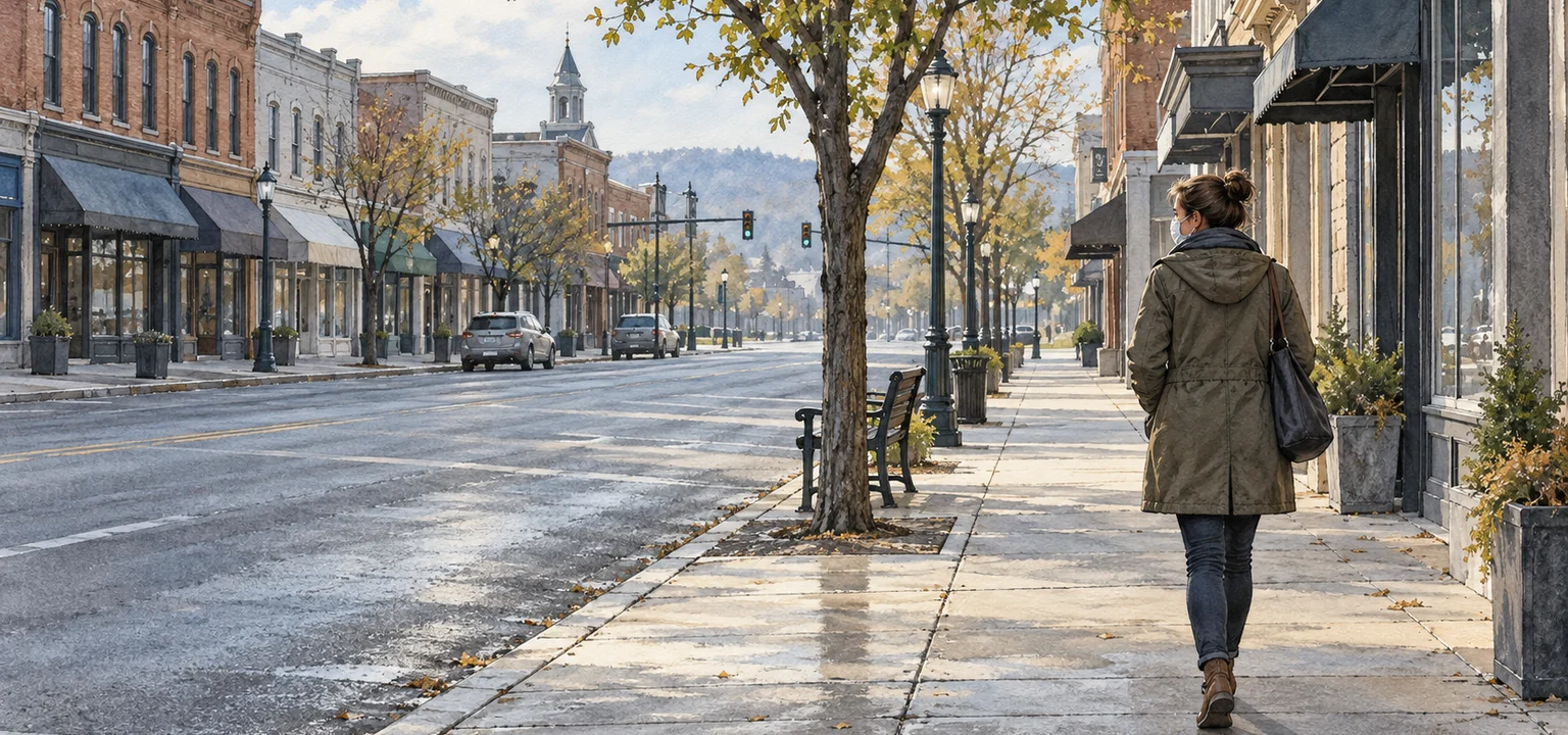 A masked adult walking alone along a nearly empty small-city main street