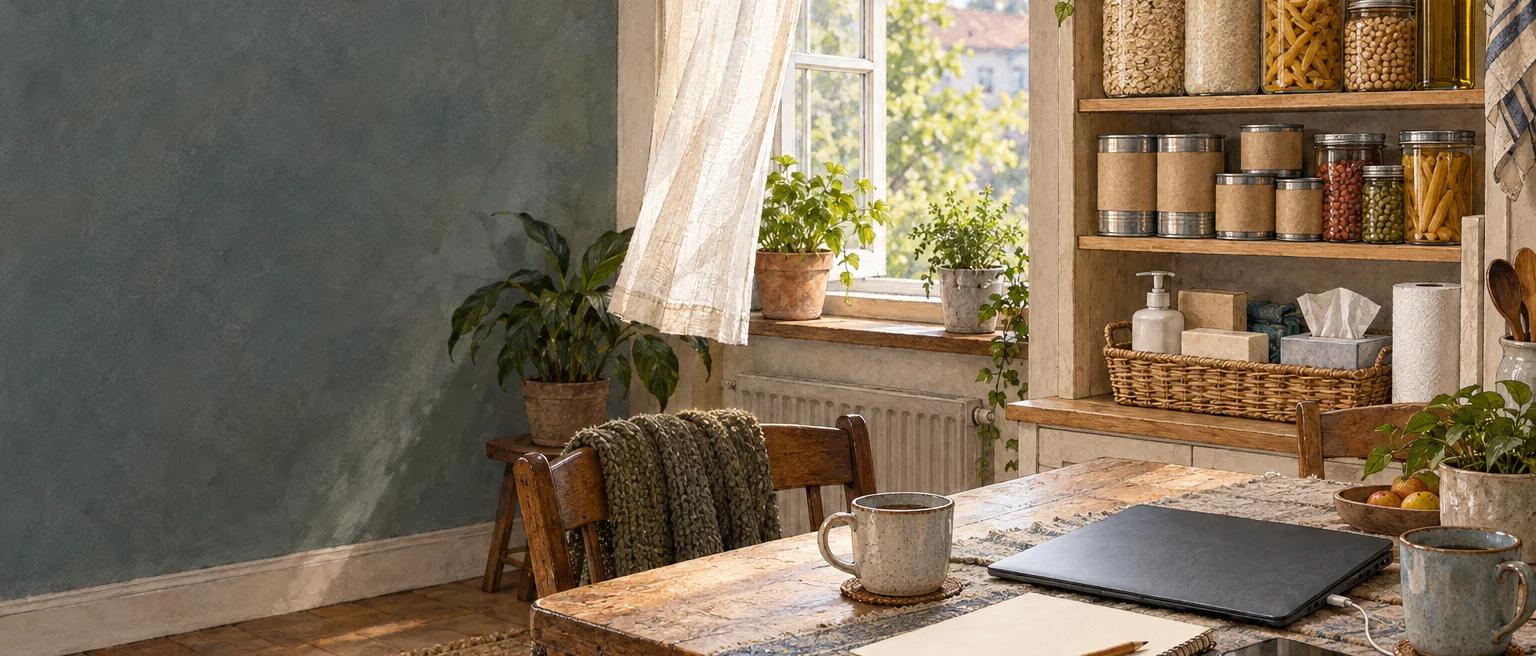 A calm home operations area with pantry staples, cleaning supplies, a laptop, notebook, and an open window.