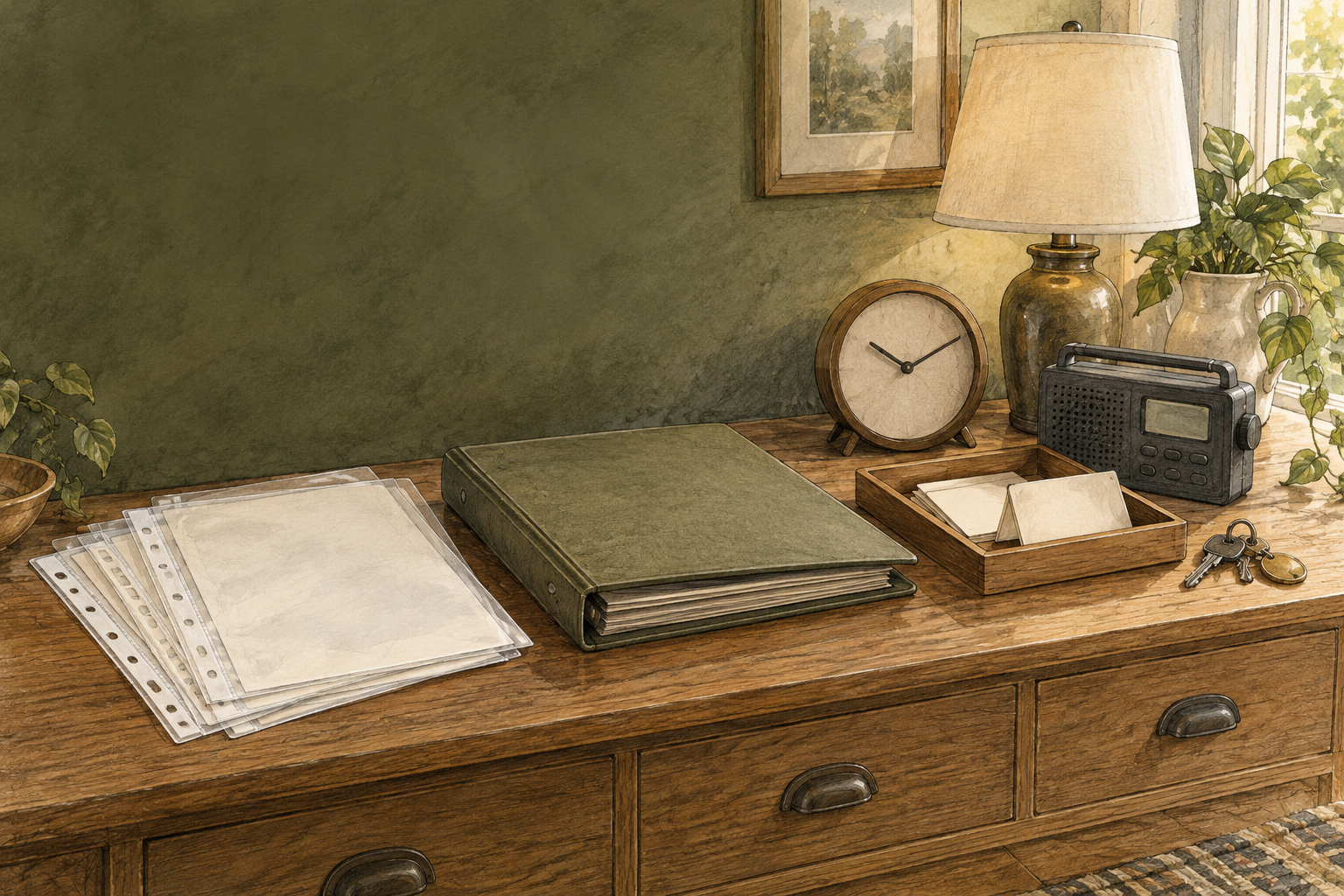 A household planning station with a binder, document sleeves, blank role cards, keys, clock, and radio.