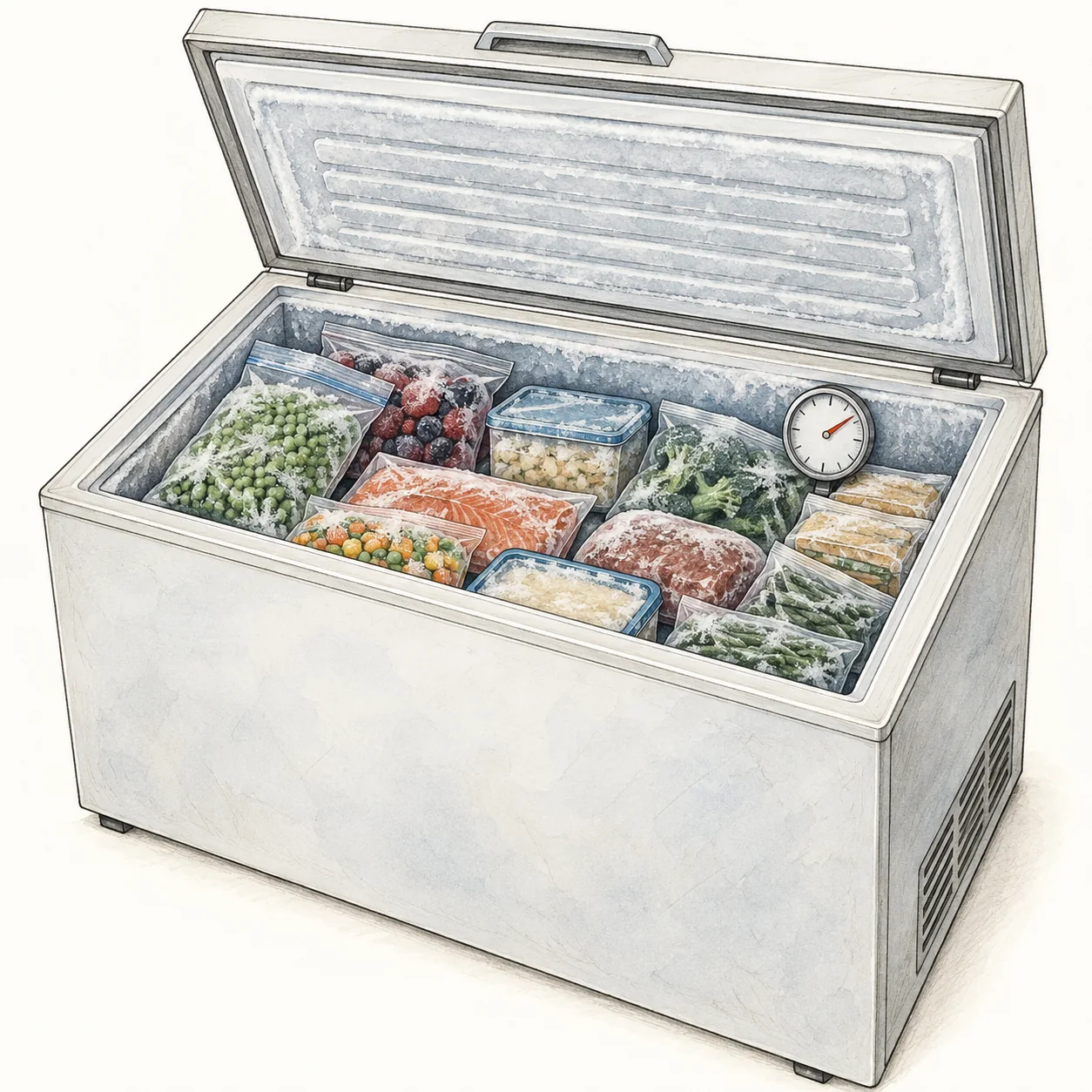 Full chest freezer with ice crystals on food packages and an unlabeled appliance thermometer