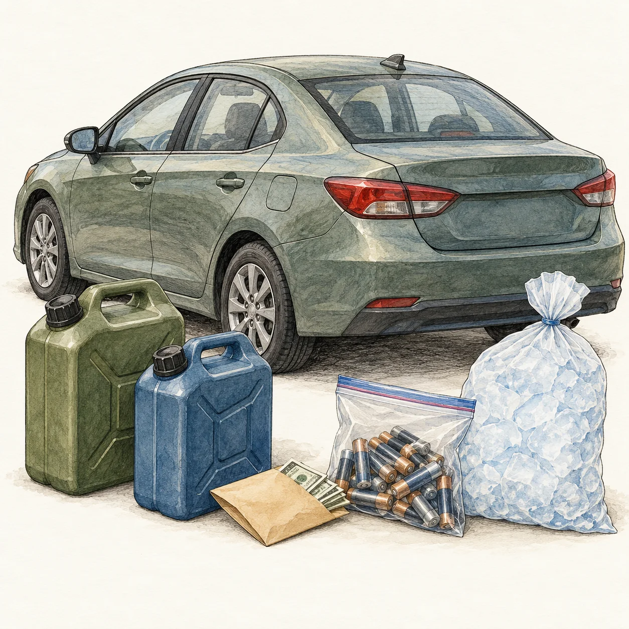 Car with two closed fuel containers, cash, batteries and a bag of ice ready for one supply trip