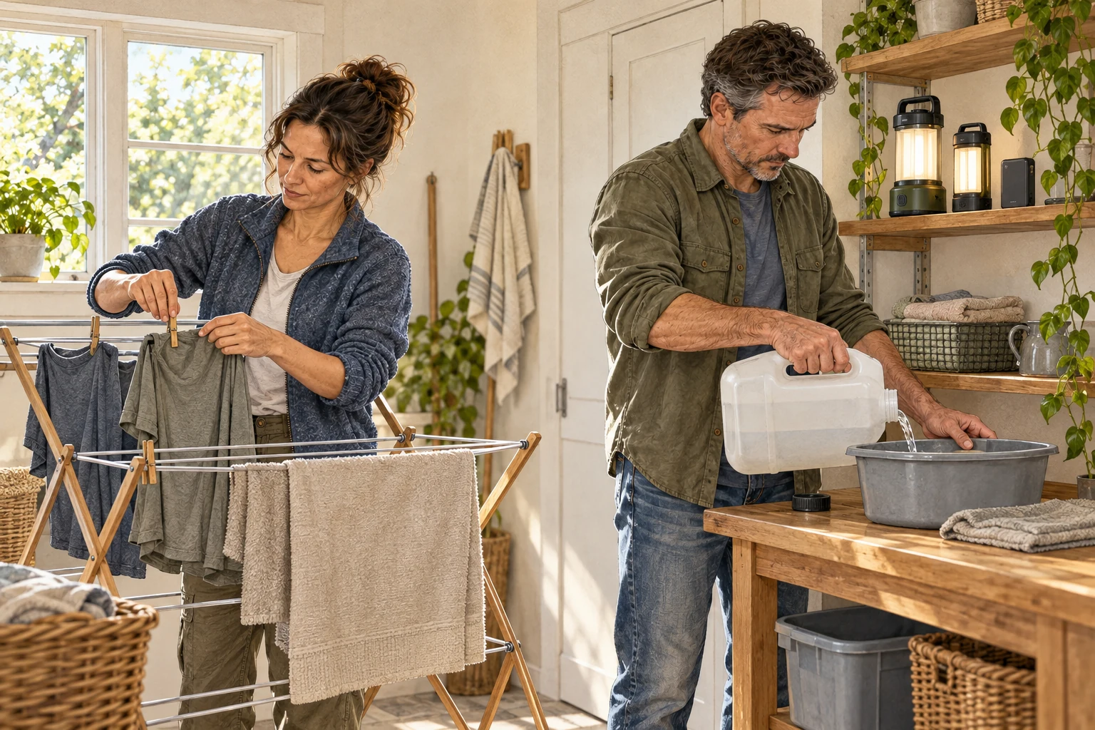 Claire hangs a small hand-washed load while Owen sets aside water for washing during a long outage