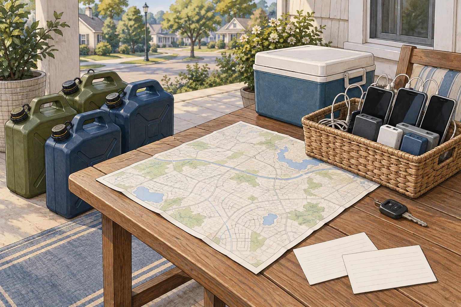 Road map, shared phone-charging basket, cooler, car key and four closed fuel containers organized for a coordinated neighborhood supply trip