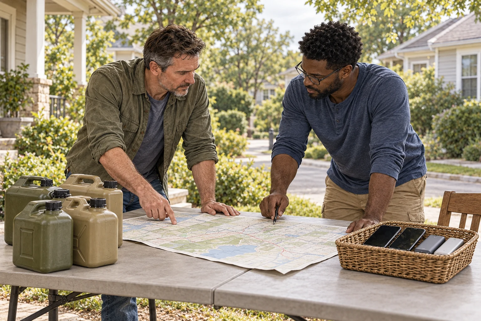 Owen and Marcus coordinate a shared fuel and charging trip with four fuel cans and a road map