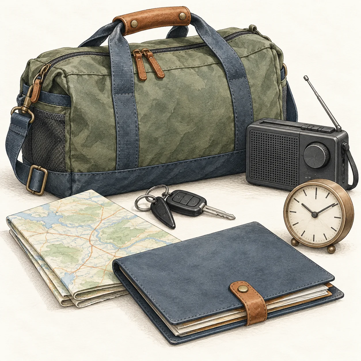 Packed overnight bag with car keys, paper map, radio, household document folder and clock