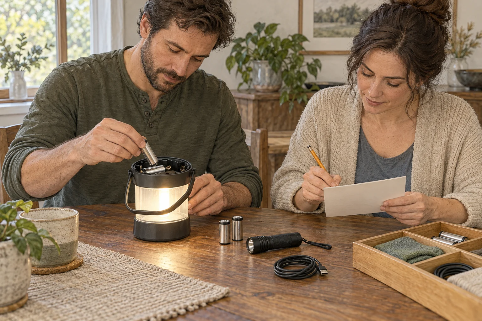 Two adults practice installing batteries in an unbranded household lantern while recording a maintenance check.