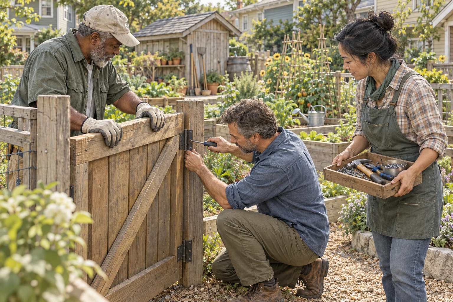 Three neighbors work together to repair a shared wooden garden gate with ordinary hand tools.