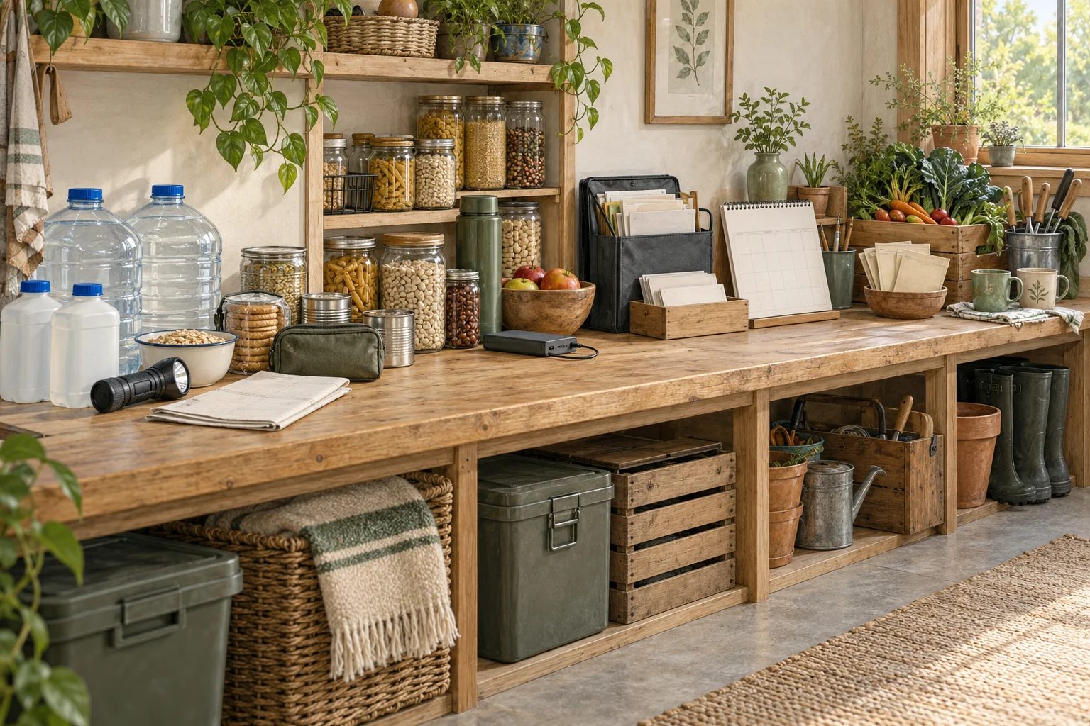 An organized progression from water, food, light, and a household plan to pantry depth, documents, garden tools, and community ties.