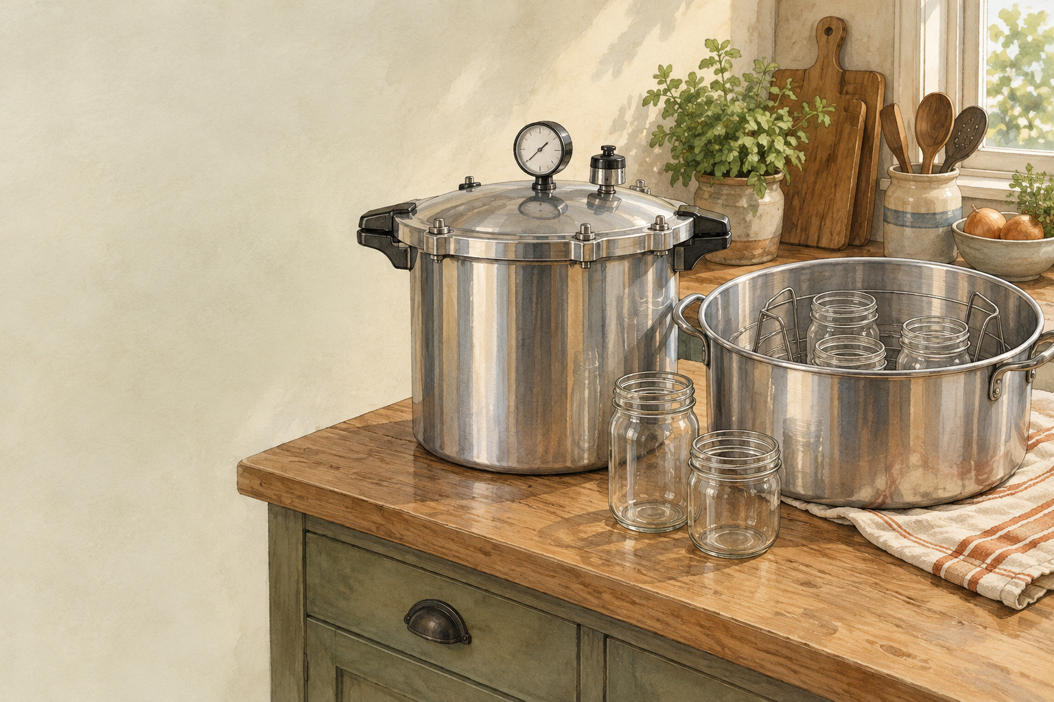 Two cool, unbranded canning setups show the water-bath versus pressure method choice on a calm kitchen counter.