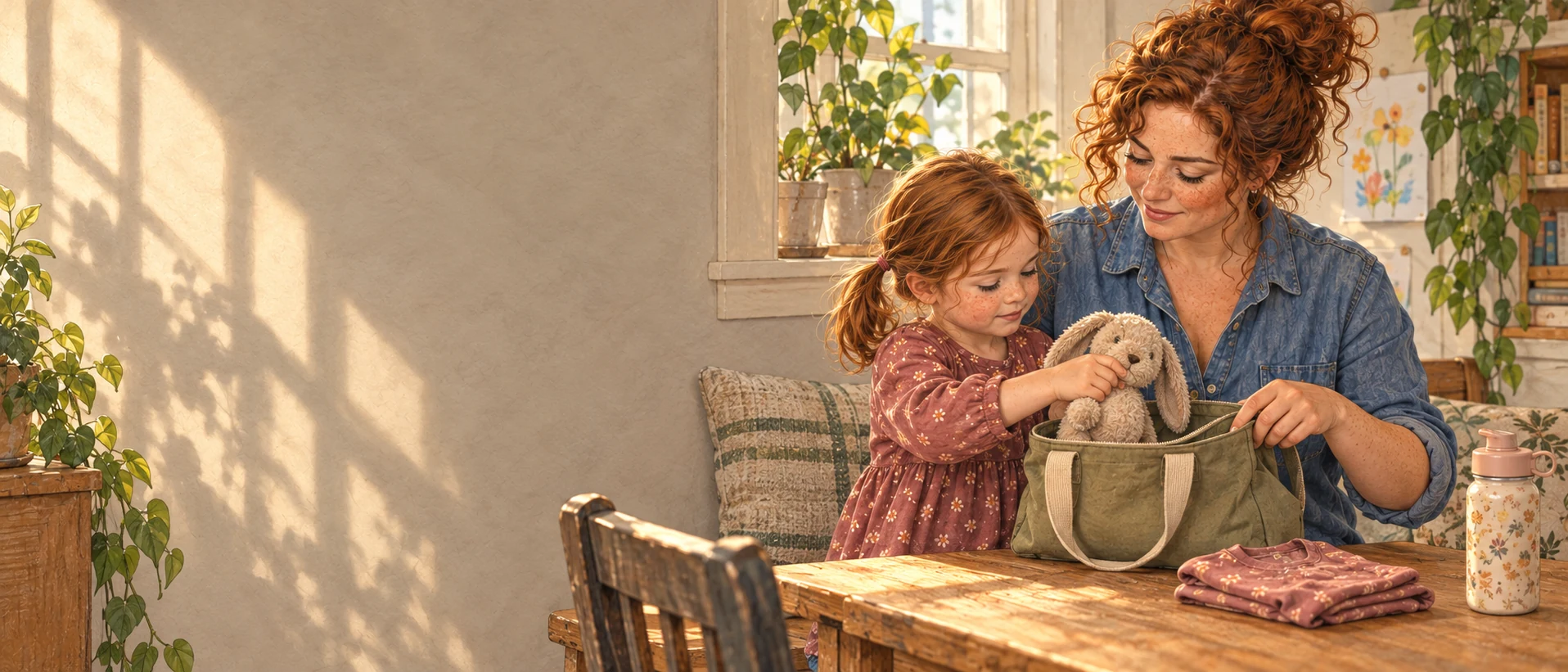 Rachel helps June place her familiar stuffed rabbit into a ready tote