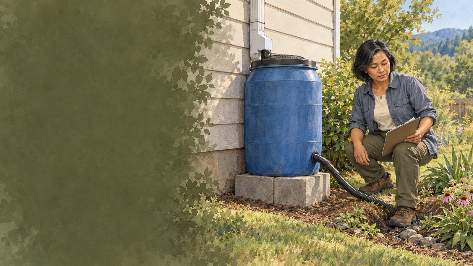 Lan Nguyen checks the overflow route from an unbranded blue rain barrel set on a stable block base beside a home