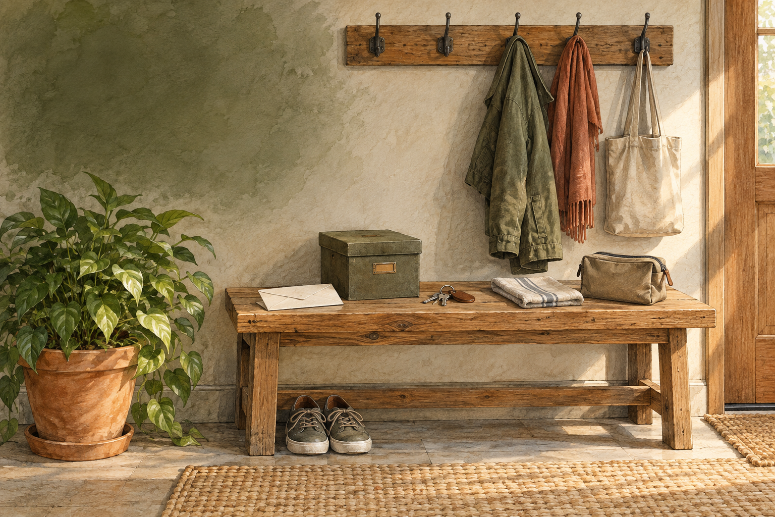 A restored home entry with a bench, file box, receipt envelope, keys, repair pouch, shoes, and houseplant.