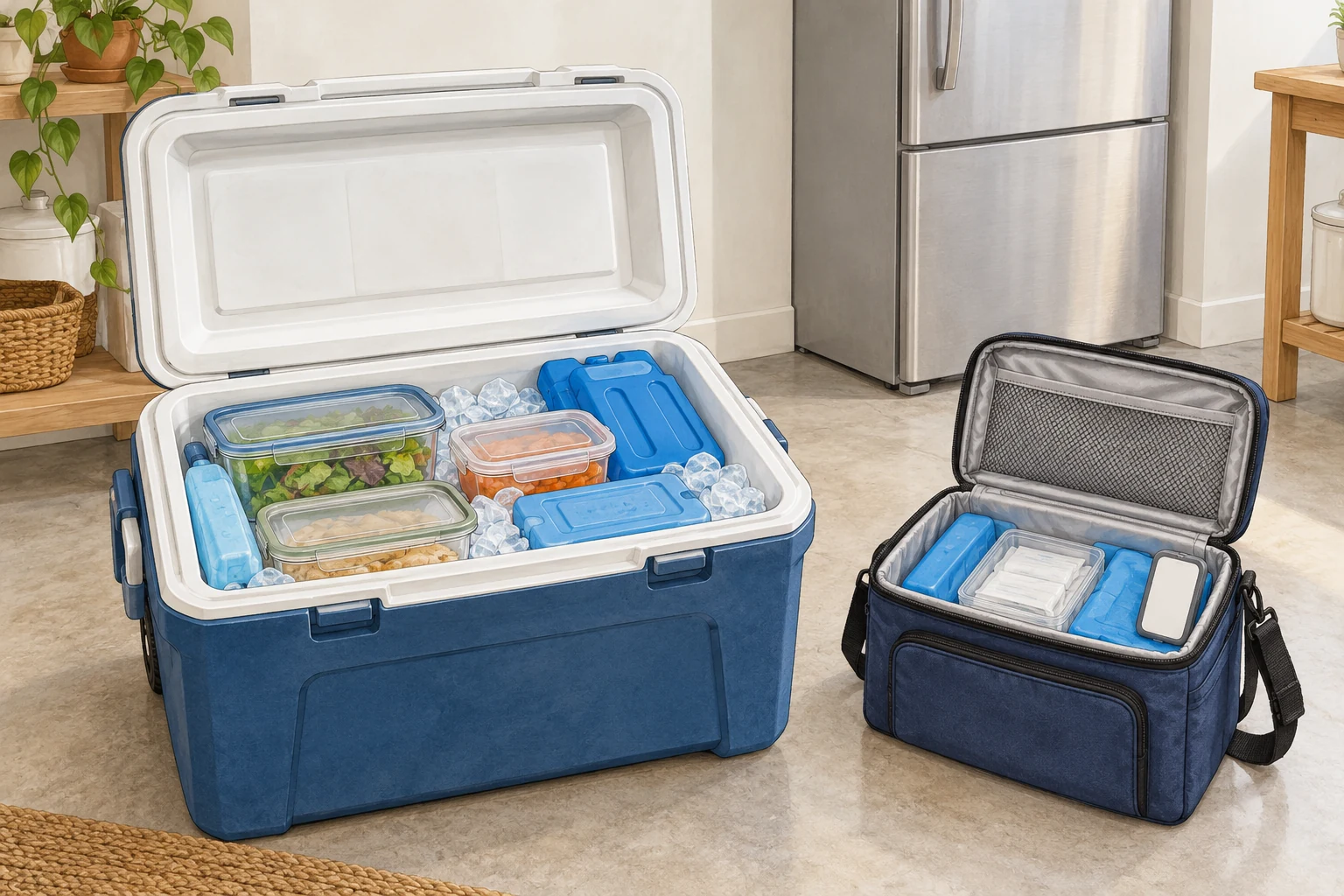 A large food cooler and a smaller separate medication cooler packed with ice and reusable cold packs