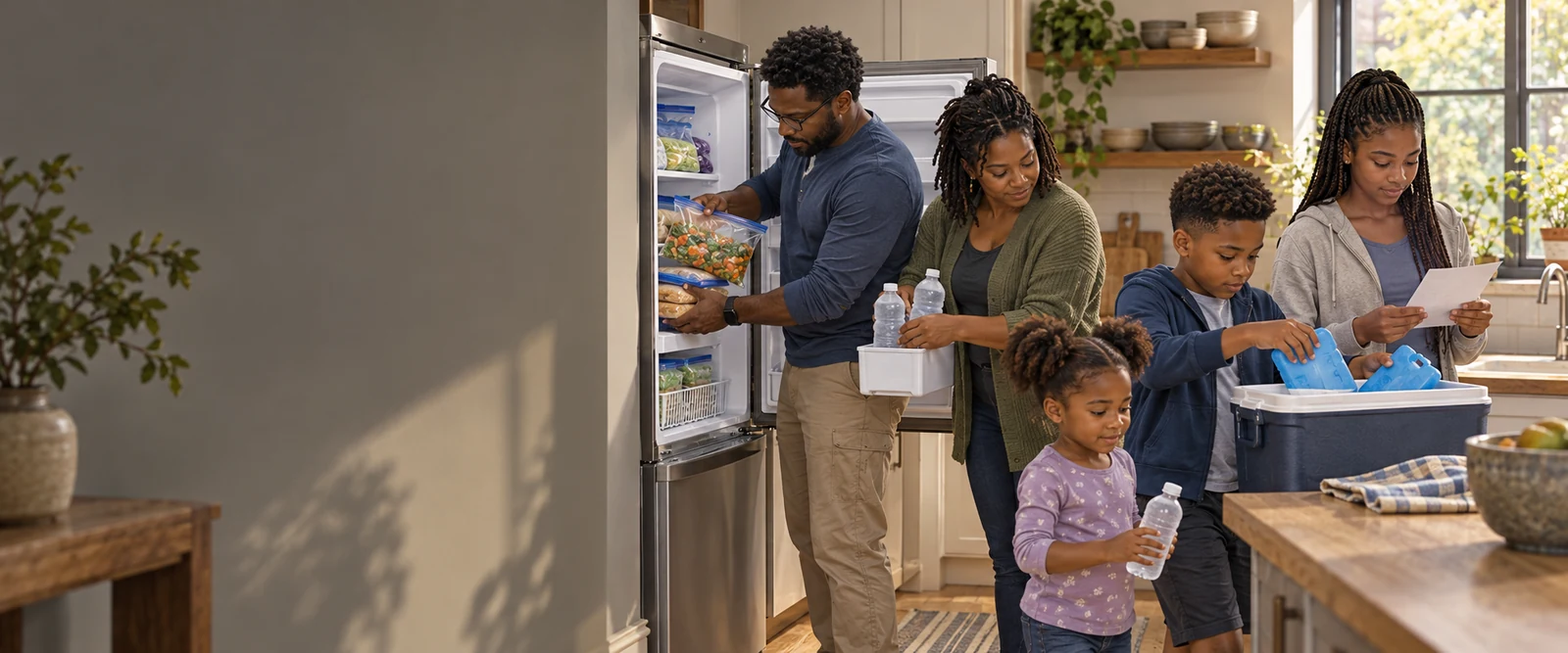 Marcus and Renee Carter prepare their freezer and cooler with Jordan, Micah and Nia before an outage