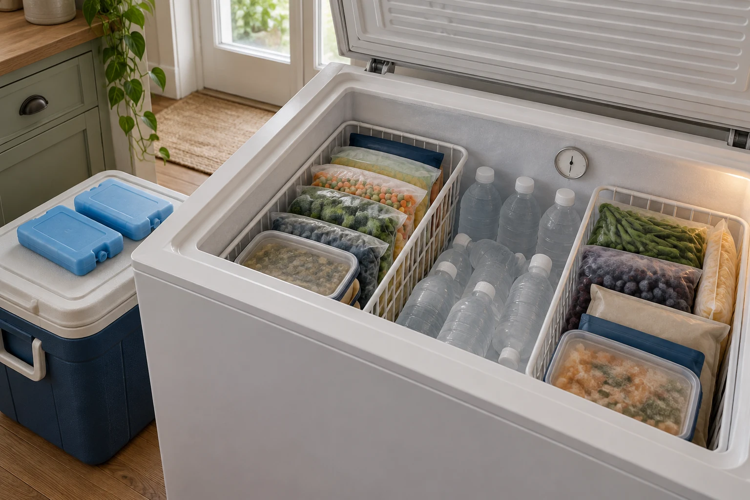 Frozen water bottles fill empty freezer space beside tightly grouped frozen food and a thermometer