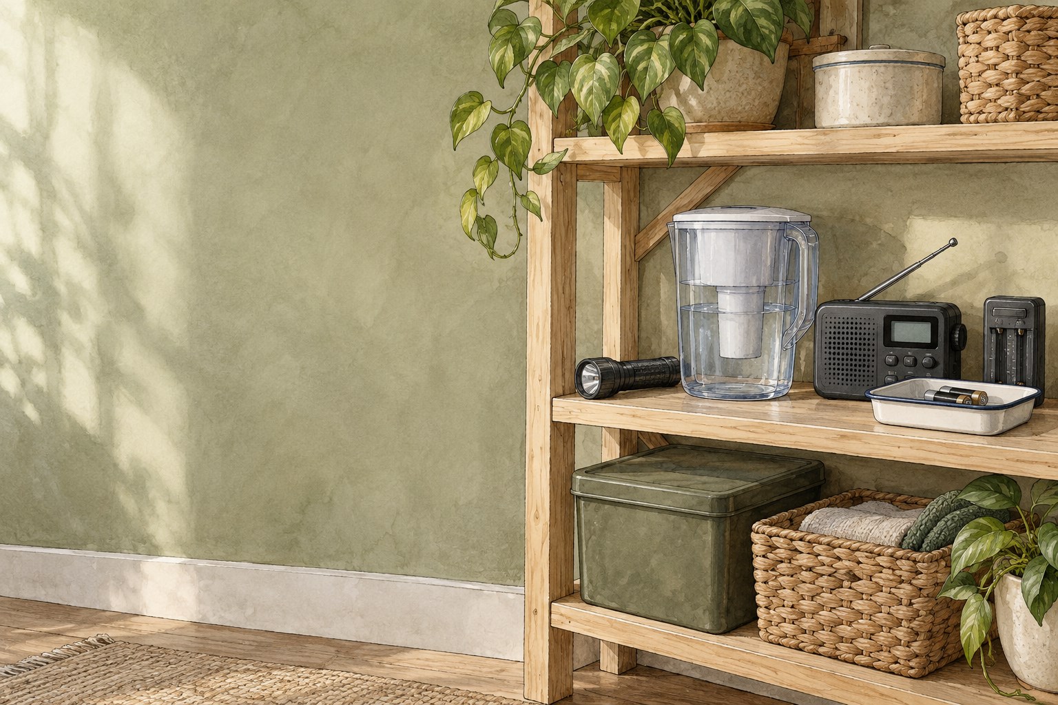 Unbranded household preparedness gear on a wooden shelf, including a water-filter pitcher, flashlight, weather radio, battery tester, and spare batteries.