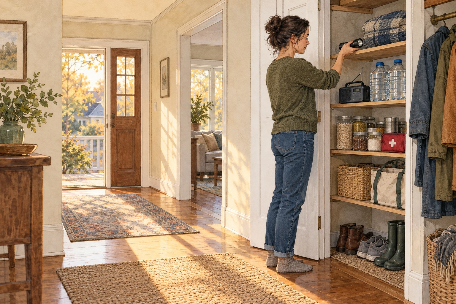 An adult puts a flashlight on an entry-closet shelf with ordinary household readiness supplies.