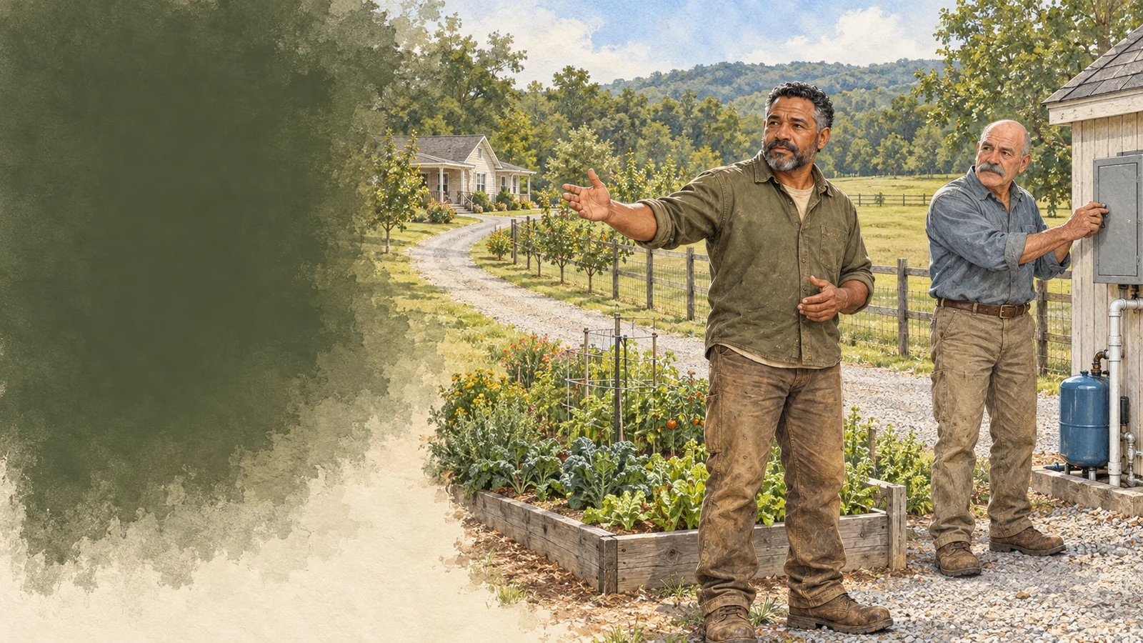 Isaac Holloway surveys a rural homestead while Marvin Littleton checks the closed well-house access panel