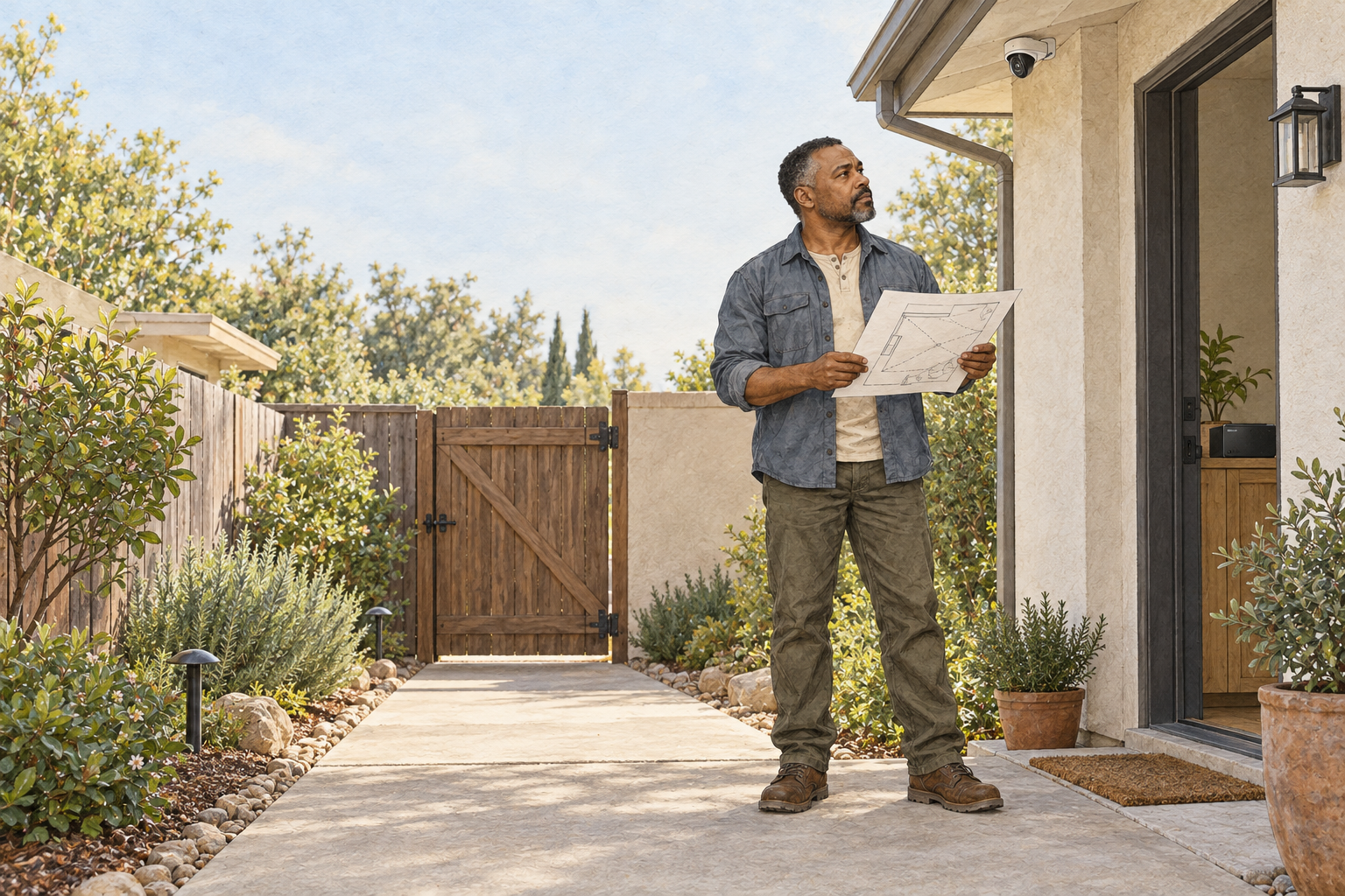 Tyrone Dalton reviews a blank camera-coverage plan beside a high-mounted home security camera and side gate.