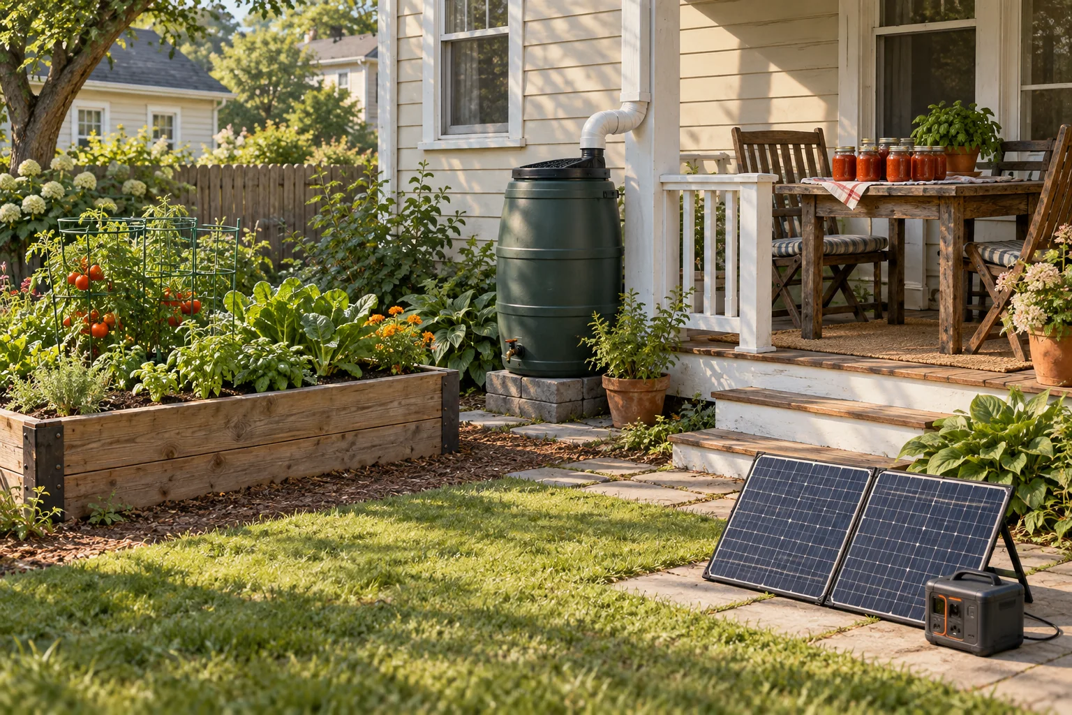Raised vegetable bed, rain barrel, preserved tomato sauce, and a small portable solar setup at a modest home