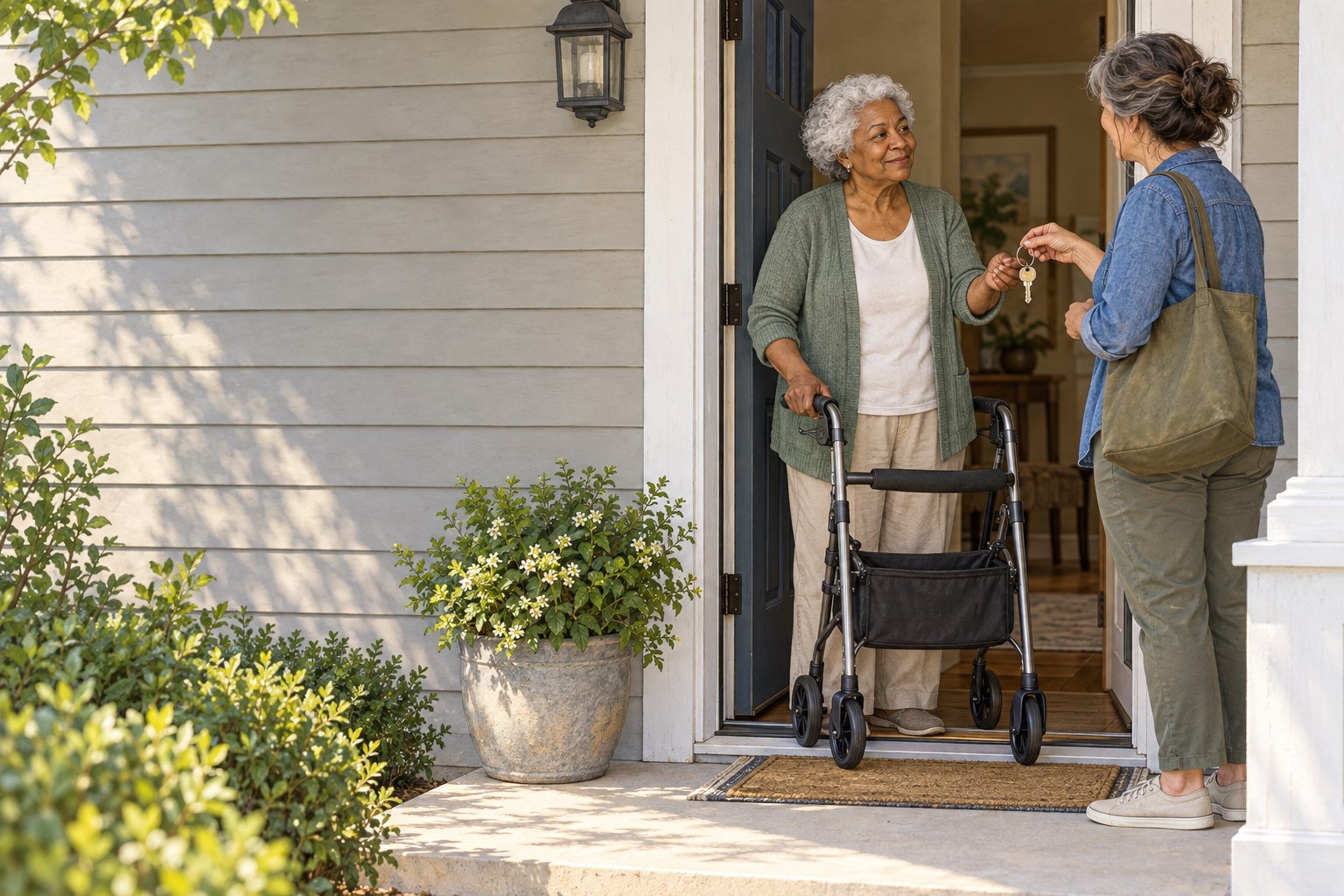 An older woman using a walker meets a neighbor at her home doorway to confirm a check-in plan.