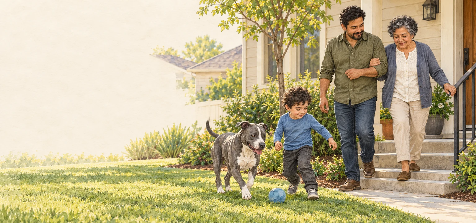 Diego Serrano helps Rosa up their front steps while Nico plays with Tula on the lawn