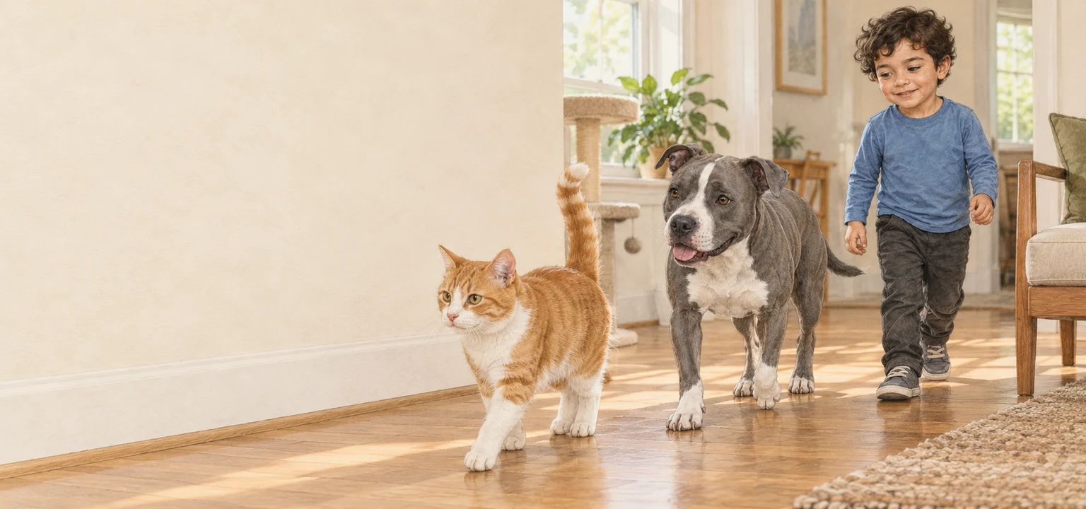Nico follows Tula as she follows a cat through their living room