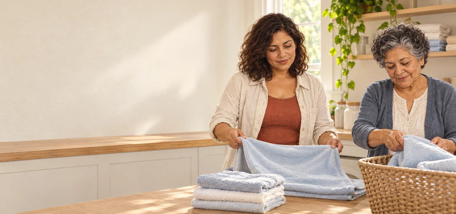 Marisol and Rosa fold clean linens together at a table