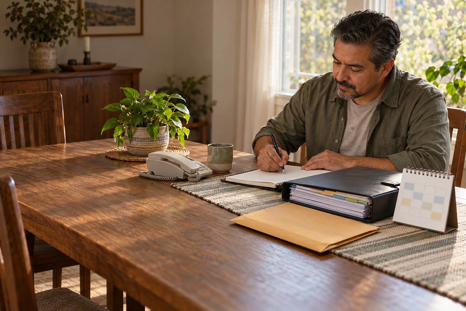 A man organizing household records, deadlines, and contact information at a dining table.
