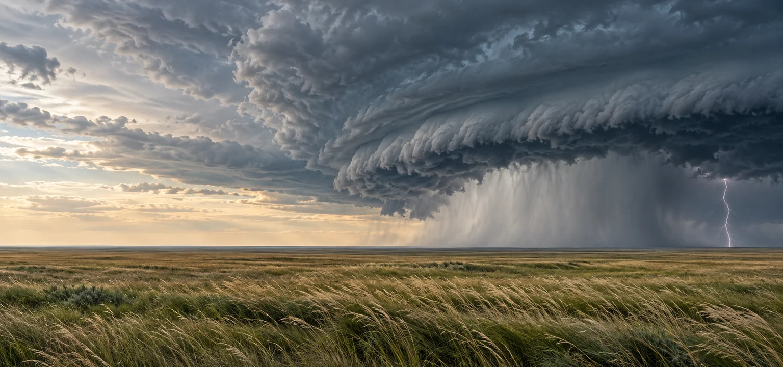 An editorial illustration of a shelf cloud, rain and hail shaft, and distant lightning approaching across intact open prairie.
