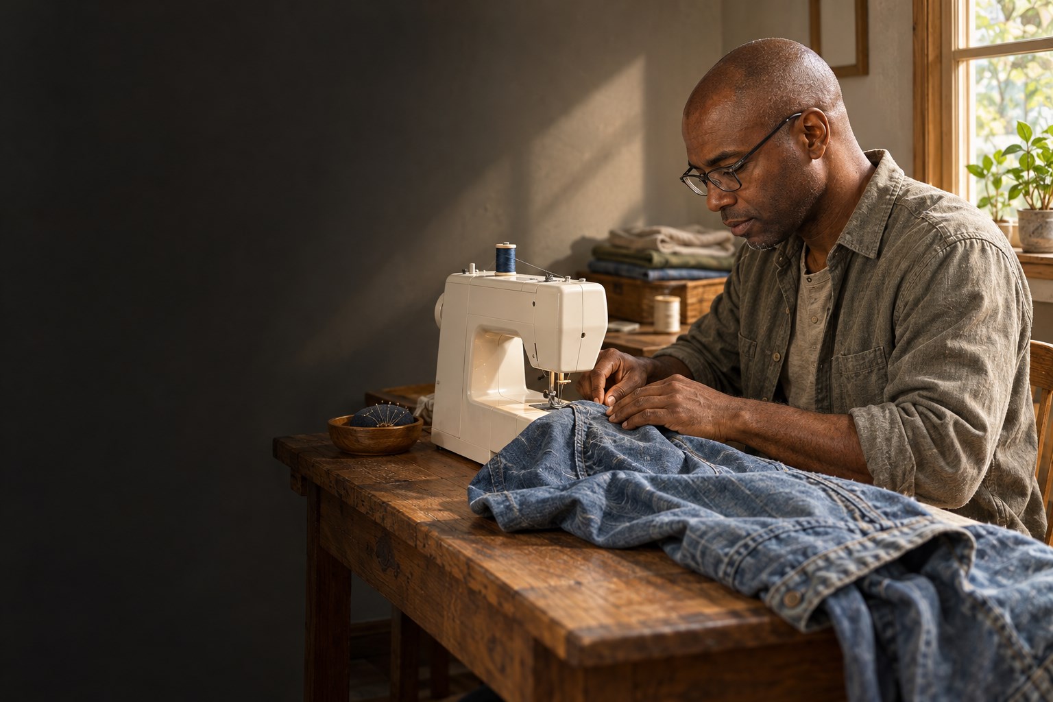 A man repairs a denim work shirt on a domestic sewing machine.