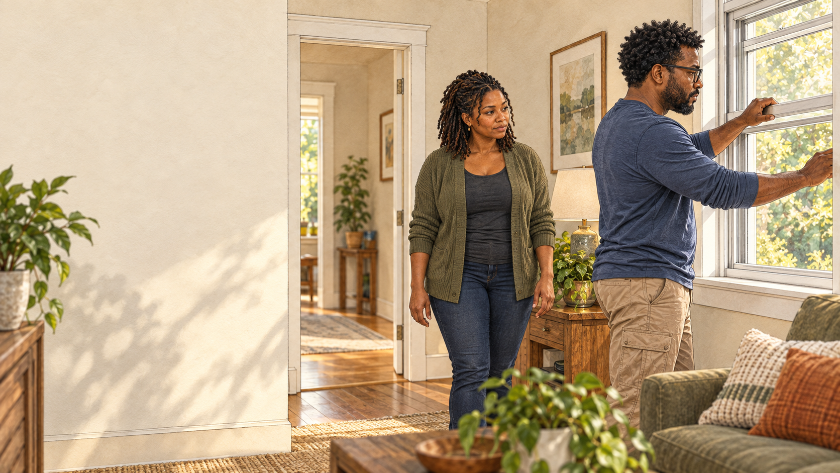 Marcus Carter opens a living-room window while Renee Carter checks the clear route through their home.