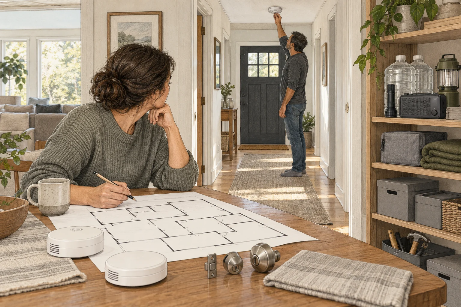 Two adults planning a home safety walkthrough, testing an alarm, and organizing a household emergency shelf