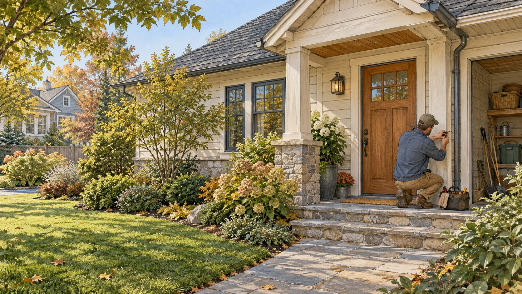 A homeowner checking the entrance of a well-maintained home on a clear autumn morning