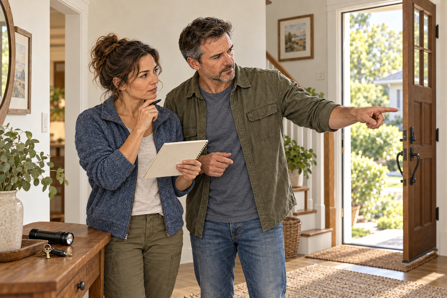 Owen and Claire Bennett review the safest route for different emergencies in their home.