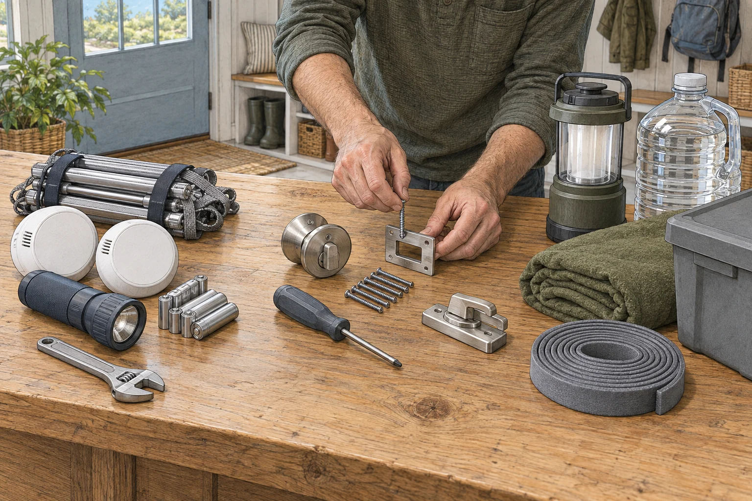 Home safety alarms and tools, reinforced door hardware, and resilience supplies arranged in three practical groups