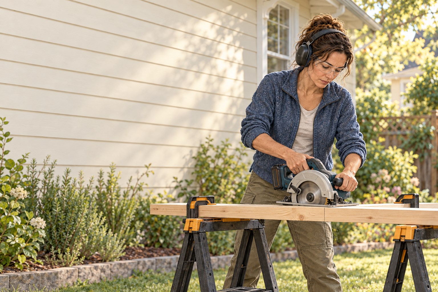 Claire Bennett makes a careful cut in a clamped board on sawhorses while wearing safety glasses and hearing protection.