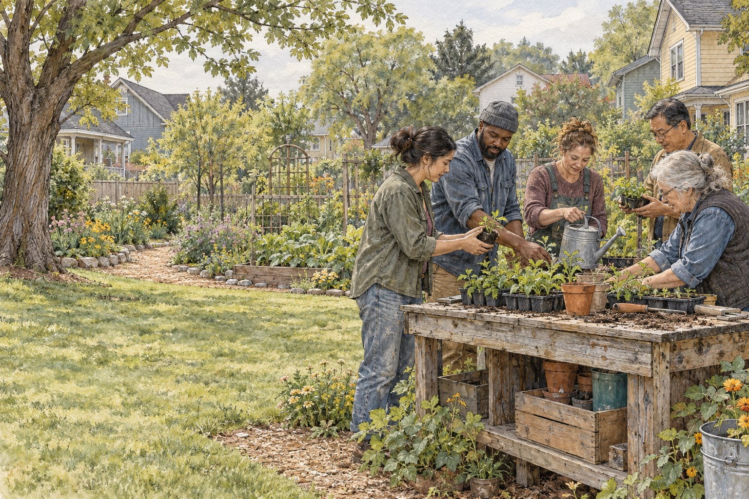 Neighbors tending a shared garden together in a residential neighborhood.