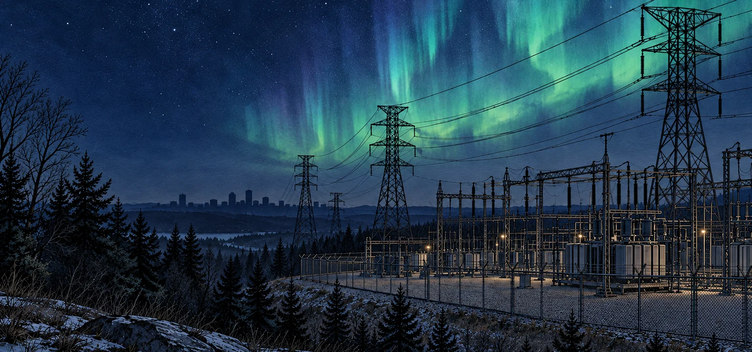 Transmission lines and an electrical substation beneath aurora, with an unlit city skyline in the distance