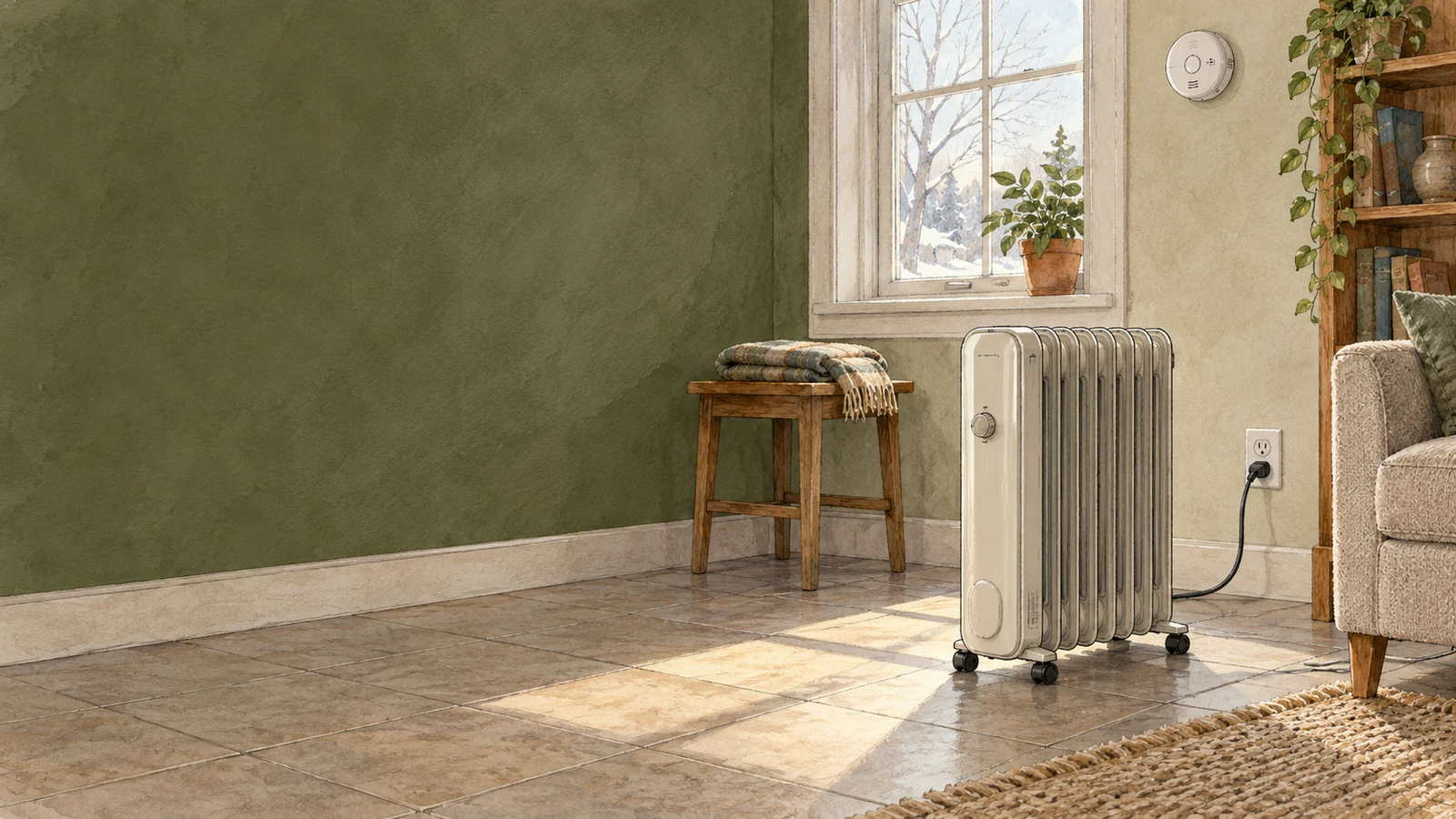 A daylight room with an unbranded oil-filled electric heater on tile, a direct wall connection, clear space from furniture, and a wall-mounted carbon monoxide alarm.