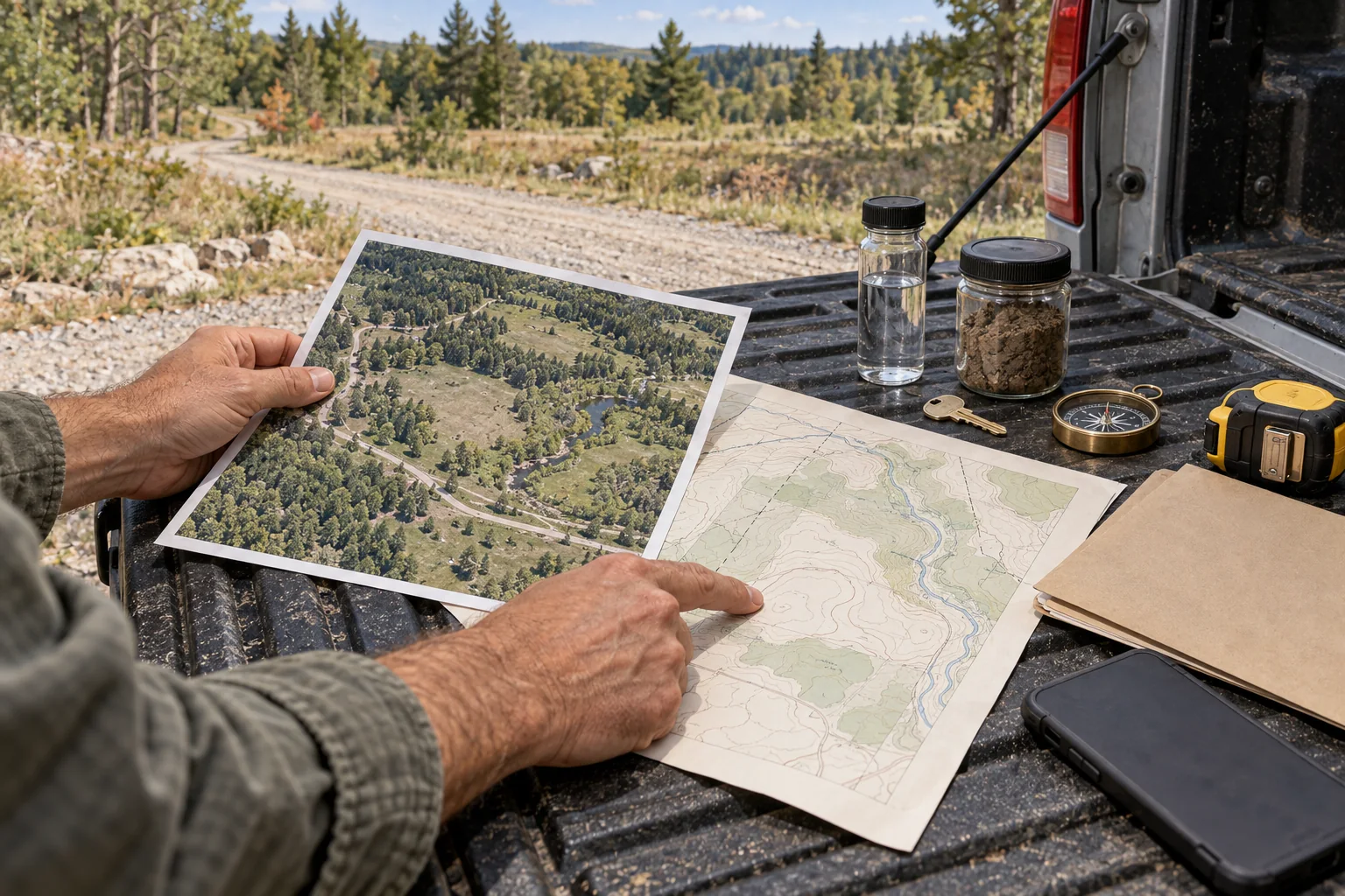 Hands reviewing a parcel map and aerial view beside soil and water samples on a truck tailgate