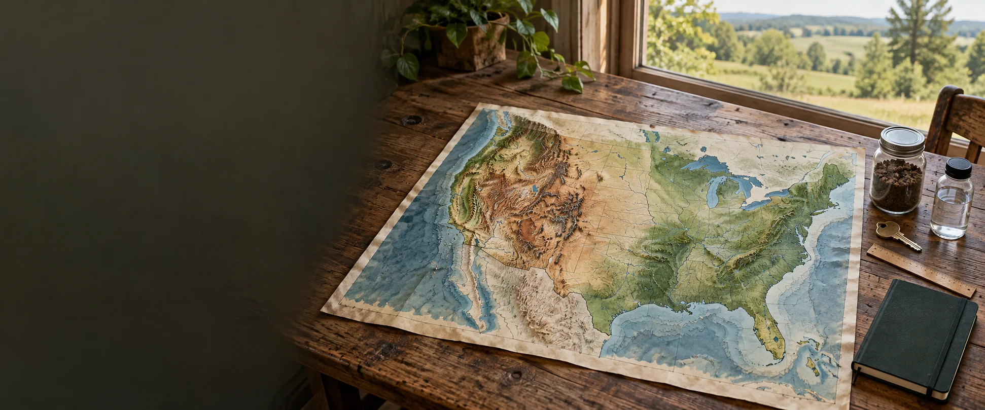Relief map of the United States with soil, water, access, and parcel-research materials