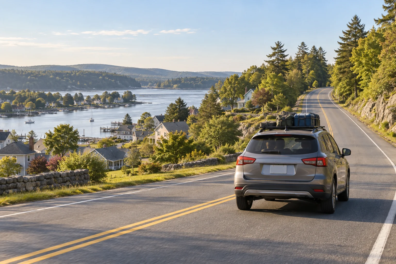 A household leaves a low waterfront neighborhood early on a clear road toward higher inland ground.